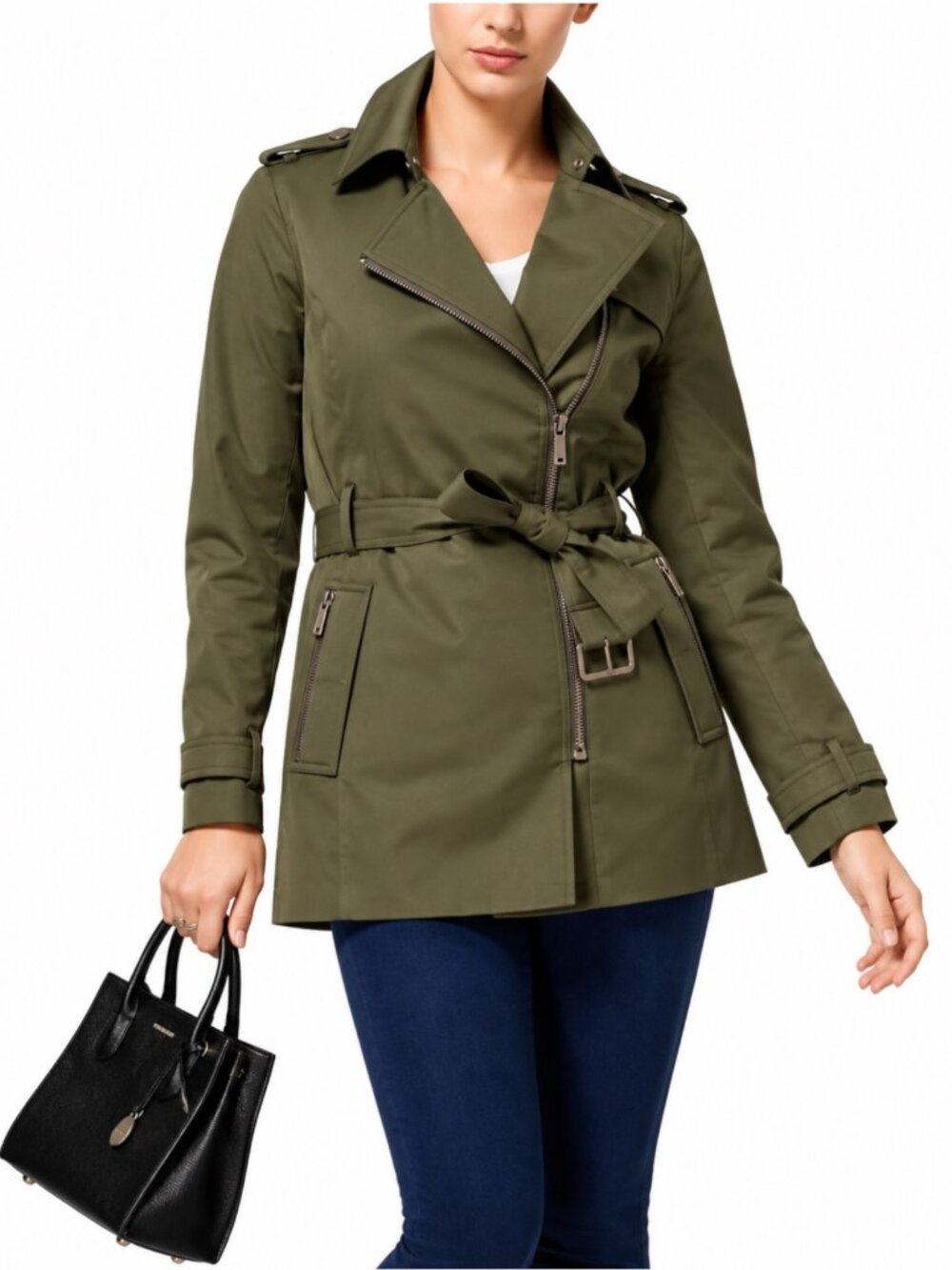Michael Kors Zip-Front Ivy L Sateen Belted Jacket